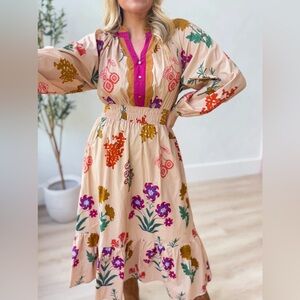Floral Boho Dress with Pink Accents